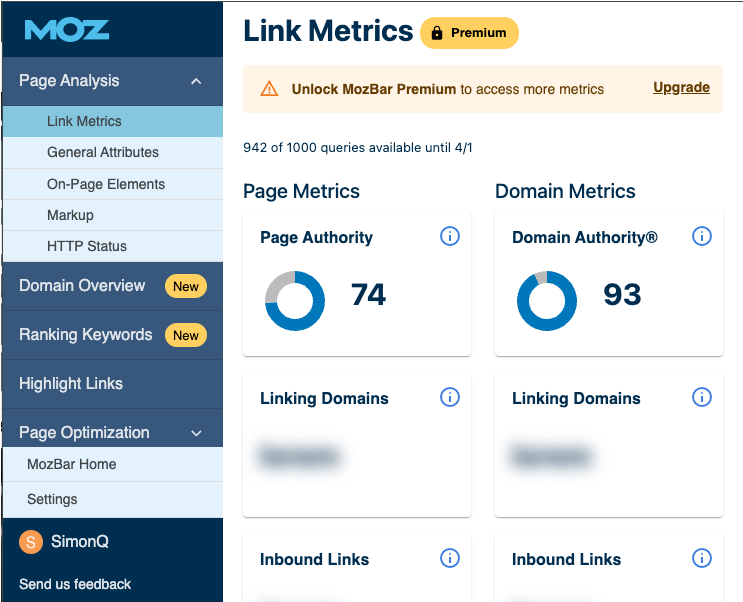 mozbar domain authority seo analyse